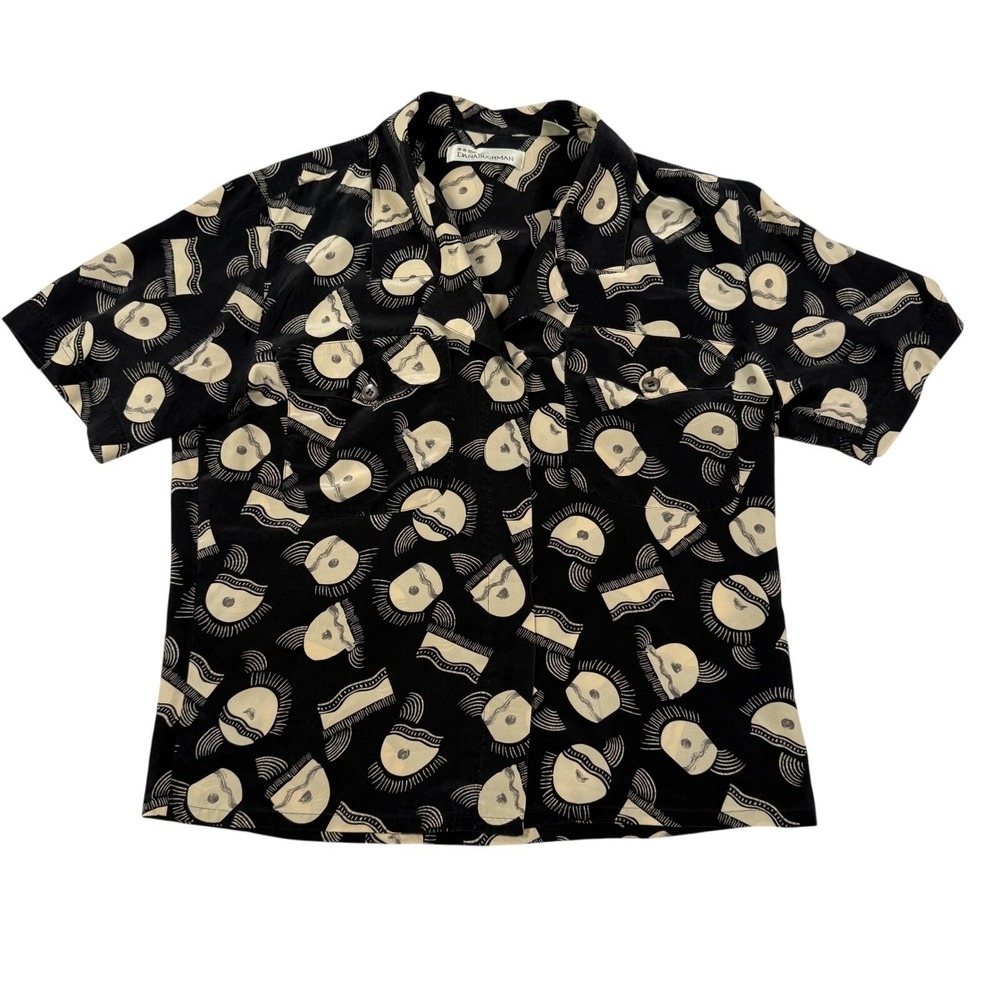 Vintage 90s Dana Buchman 100% Silk Abstract Eye Print Short Sleeve Silk Shirt 10